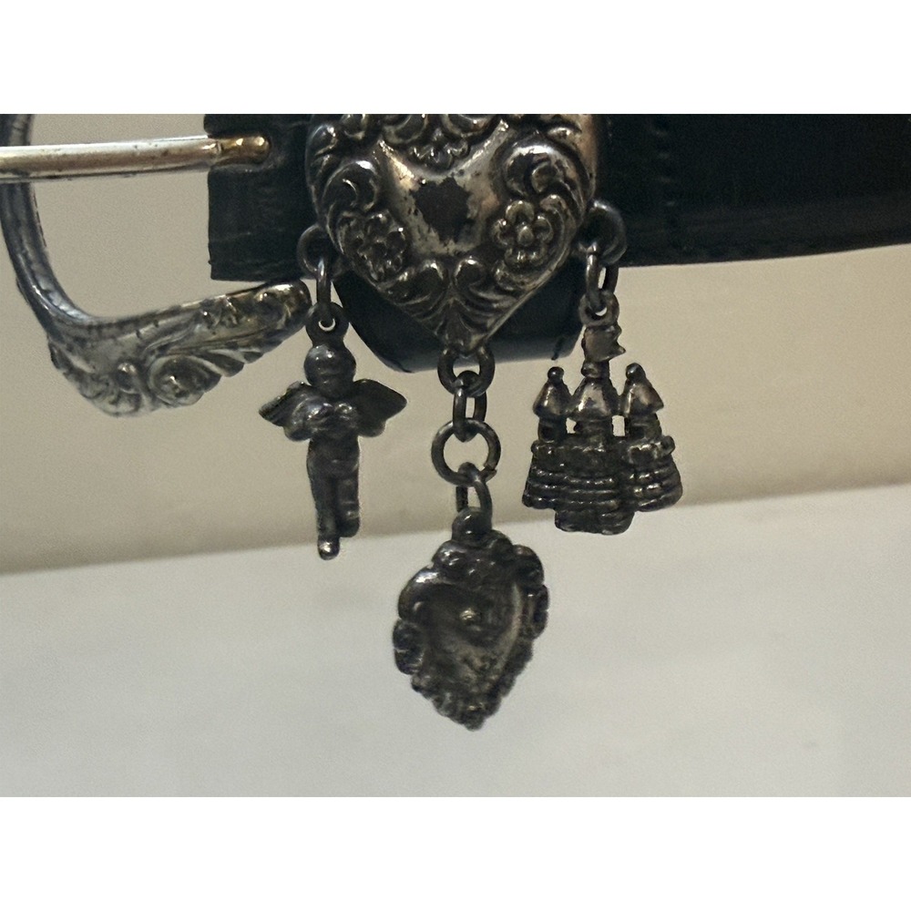 Vintage BRIGHTON Black Leather Belt Silver Heart Charms Sz M 35"L 42903 1996 - Picture 12 of 15